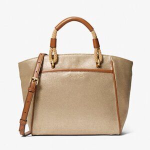 BRAND NEW w/ TAGS Michael Kors Talia Metallic  Gold Cotton Canvas Tote Bag
